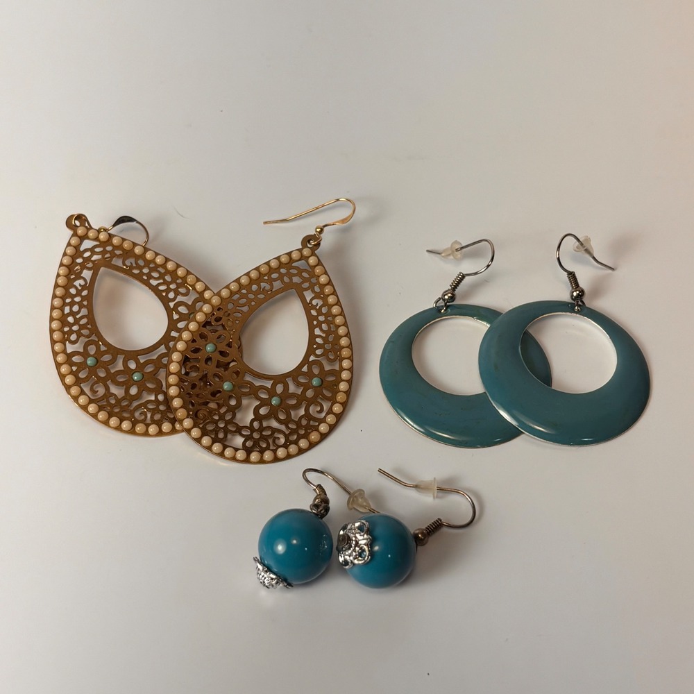 Vintage Earring Lot Teal Gold Boho Filigree Teardrop Enamel Hoop Dangle Set